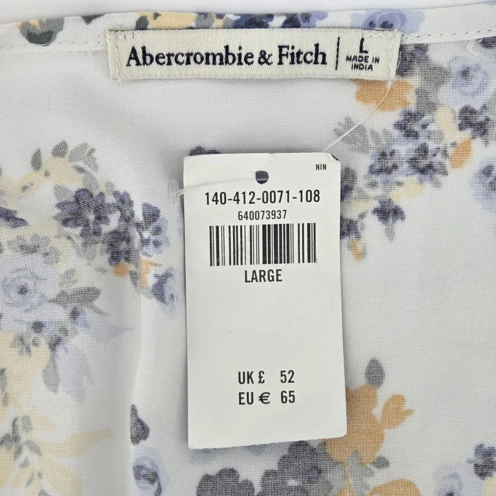 Abercrombie & Fitch Floral V-Neck Button Front Peplum‎ Top White Blue Boho L